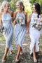 Grey-blue Halter Chiffon Tea-Length Bridesmaid Dresses, Cheap Wedding Party Dress chb0022