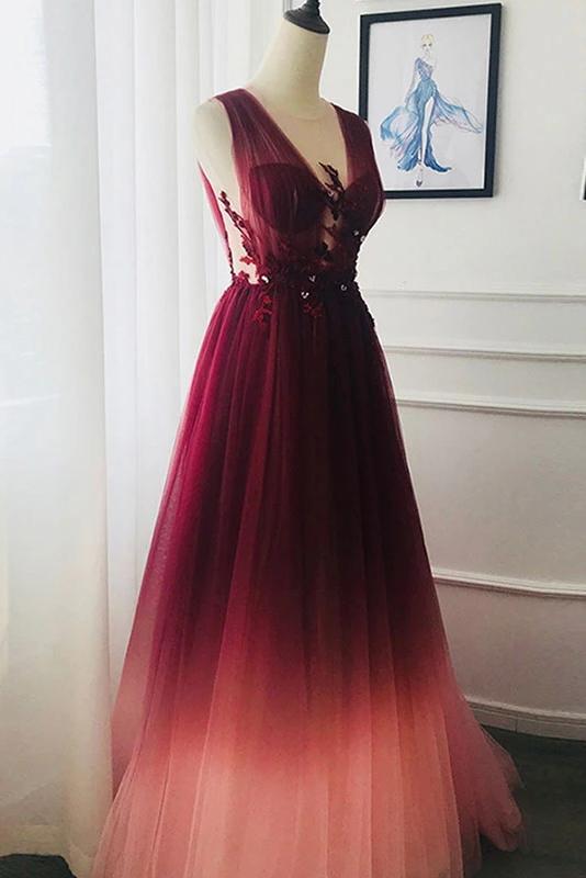 A Line V Neck Tulle Ombre Prom Dress, Cheap Appliqued Party Dresses UQ2447