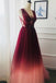 A Line V Neck Tulle Ombre Prom Dress, Cheap Appliqued Party Dresses UQ2447