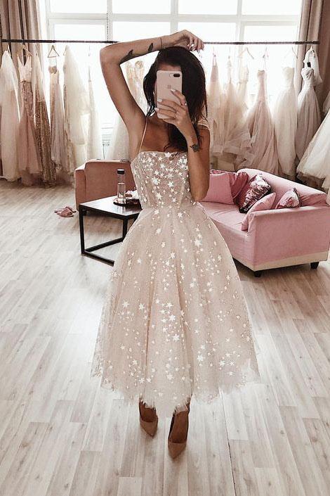 Ivory Spaghetti Strap Tea Length Starry Tulle Homecoming Dress, Midi Prom Dresses UB2372 cherishgirls Ivory Spaghetti Strap Tea Length Starry Tulle Homecoming Dress, Midi Prom Dresses UB2372 cherishgirls