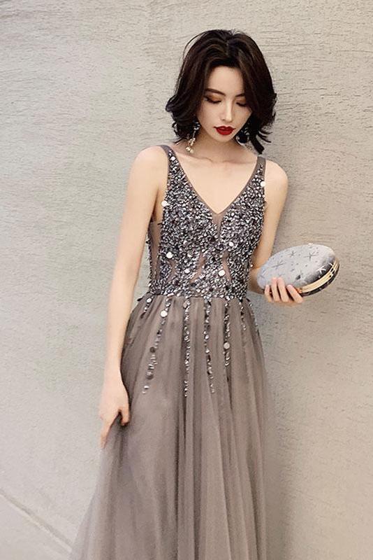 Dark Gray V Neck Sparkly Beading Prom Dress with Sequins, Long Tulle Prom Gown UQ1762