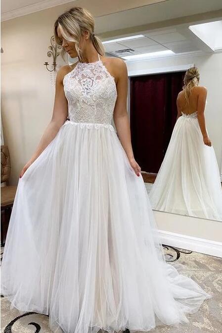 A Line Halter Tulle Wedding Dress with Lace, Backless Beach Wedding Dr cherishgirls A Line Halter Tulle Wedding Dress with Lace, Backless Beach Wedding Dr cherishgirls