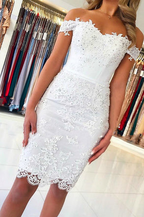 White Sheath Off the Shoulder Cocktail Dresses, Short Lace Prom Dresses N1942