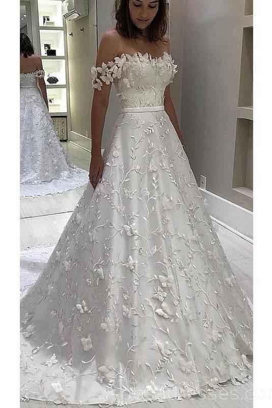 Gorgeous Off the Shoulder Lace Wedding Dresses, White Long Bridal Dress UQ2422