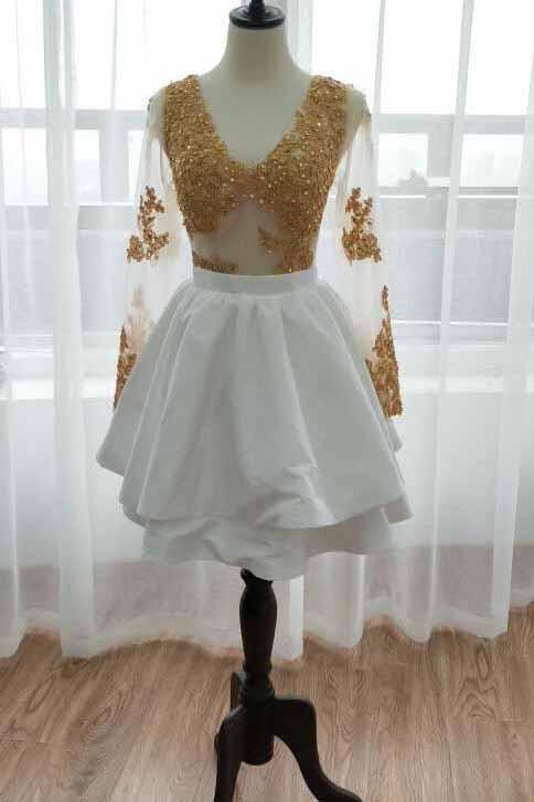 White Long Sleeve Homecoming Dress with Gold Lace Appliques, V Neck Short Prom Dress N1755