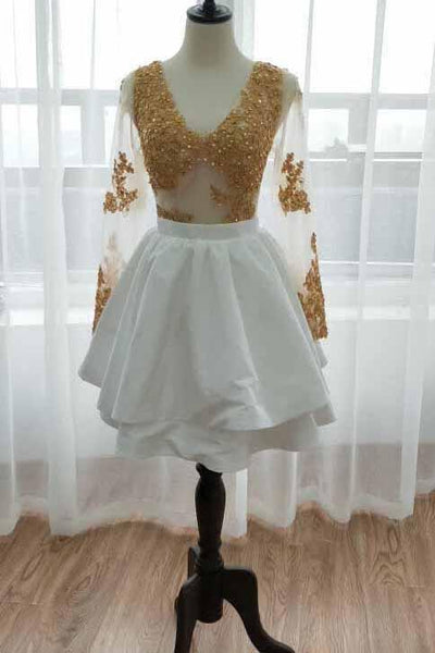 White Long Sleeve Homecoming Dress with Gold Lace Appliques, V Neck Sh cherishgirls White Long Sleeve Homecoming Dress with Gold Lace Appliques, V Neck Sh cherishgirls