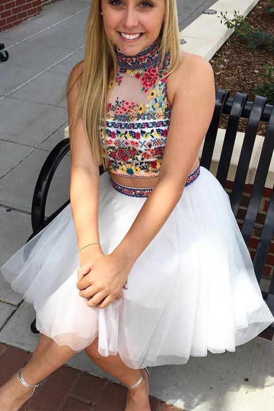 White Two Piece Embroidery High Neck Graduation Dresses, Tulle Homecom cherishgirls White Two Piece Embroidery High Neck Graduation Dresses, Tulle Homecom cherishgirls