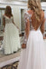 A Line Floor Length Long Sleeves V Neck Tulle Beach Wedding Dress with Lace Appliques UQ2420