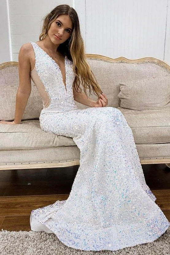 Glitter White Deep V Neck Mermaid Prom Evening Gown, Sequined Long Party Dress  CHP0096