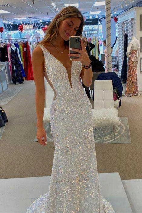 Sparkly White Sequin Deep V Neck Sleeveless Mermaid Prom Evening Gown, cherishgirls Sparkly White Sequin Deep V Neck Sleeveless Mermaid Prom Evening Gown, cherishgirls