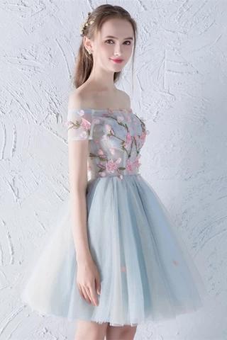 Cute Off the Shoulder Short Prom Dress with Flowers, A Line Appliqued Homecoming Dress UQ1943