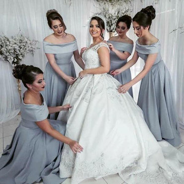 A-Line Off Shoulder Long Cheap Satin Bridesmaid Dresses Online, Simple Bridesmaid Dresses UQ2364