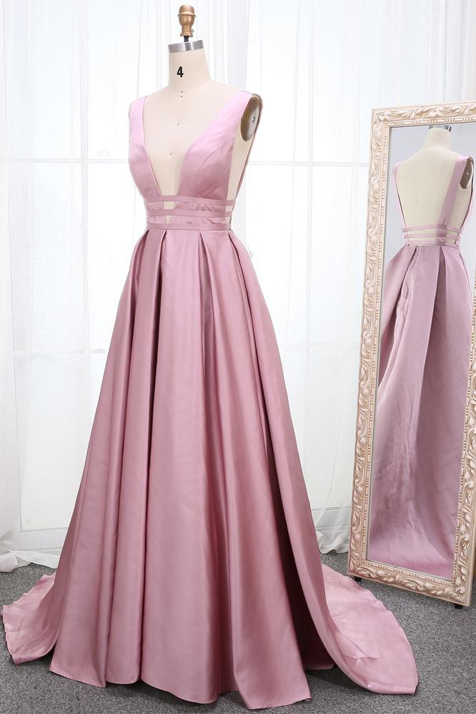 Simple V Neck Sleeveless Long Prom Dress, A Line Ruched Long Evening Dresses UQ2272