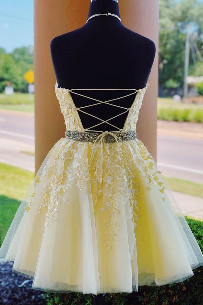 Light Yellow Halter Homecoming Dress with Lace Appliques, A Line Graduation Dress with Beads UQ2132