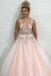 Light Pink V Neck Sleeveless Tulle Prom Dress with Flowers and Beads UQ2388