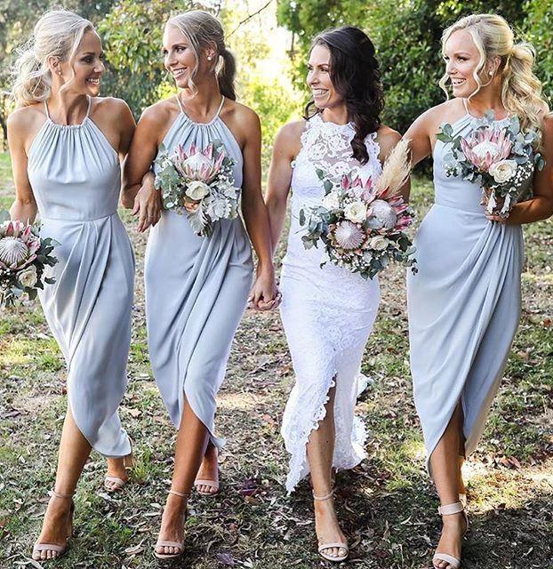 Grey-blue Halter Chiffon Tea-Length Bridesmaid Dresses, Cheap Wedding cherishgirls Grey-blue Halter Chiffon Tea-Length Bridesmaid Dresses, Cheap Wedding cherishgirls