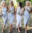 Grey-blue Halter Chiffon Tea-Length Bridesmaid Dresses, Cheap Wedding Party Dress chb0022