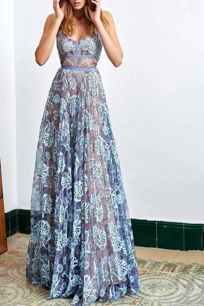 Elegant Blue Lace Prom Dresses Spaghetti Straps Backless Party Dress chp0039