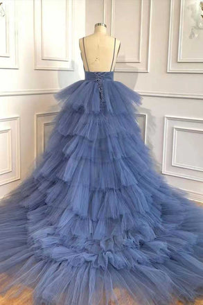 Gorgeous A Line Blue V-neck Sleeveless Prom Dresses,Long Formal Gown With Layers CHP0093