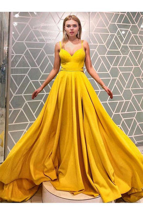 Simple A Line Spaghetti Straps Yellow Prom Dresses, Cheap Long Formal Dress UQ2470