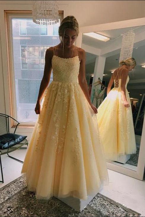 Yellow Puffy Spaghetti Straps Floor Length Prom Dress with Appliques, cherishgirls Yellow Puffy Spaghetti Straps Floor Length Prom Dress with Appliques, cherishgirls