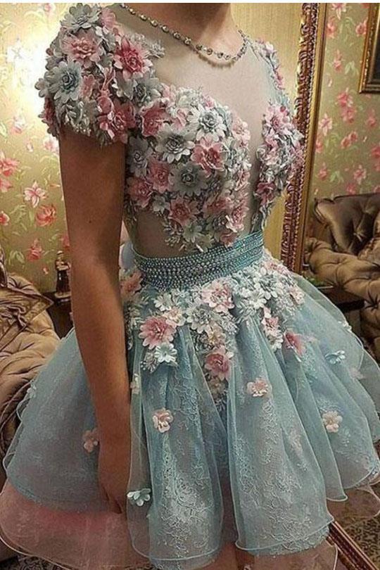 A Line Short Sleeves Homecoming Dresses, Princess Sheer Neck Prom Dress With Flowers UQ1861