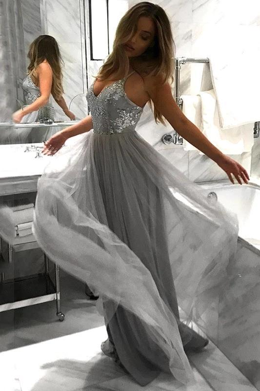 Spaghetti Straps Grey A Line Tulle Long Prom Dress, Floor Length Appliques Prom Gown UQ2238
