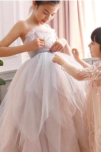 Blush Pink Spaghetti Straps Layers Flower Girl Dress with Train, Cute Flower Girl Dress F081